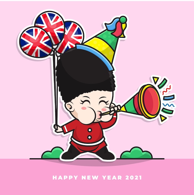 かわいい英国の赤ちゃんの漫画のキャラクターは 新年のトランペットを吹いて 国旗の風船を運ぶ プレミアムベクター