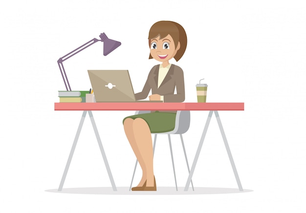 Cartoon Character Poses Business Woman At The Desk Is Working On