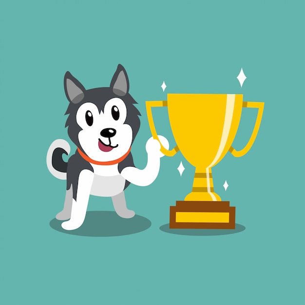 cartoon husky dog siberian character award trophy cup vector premium