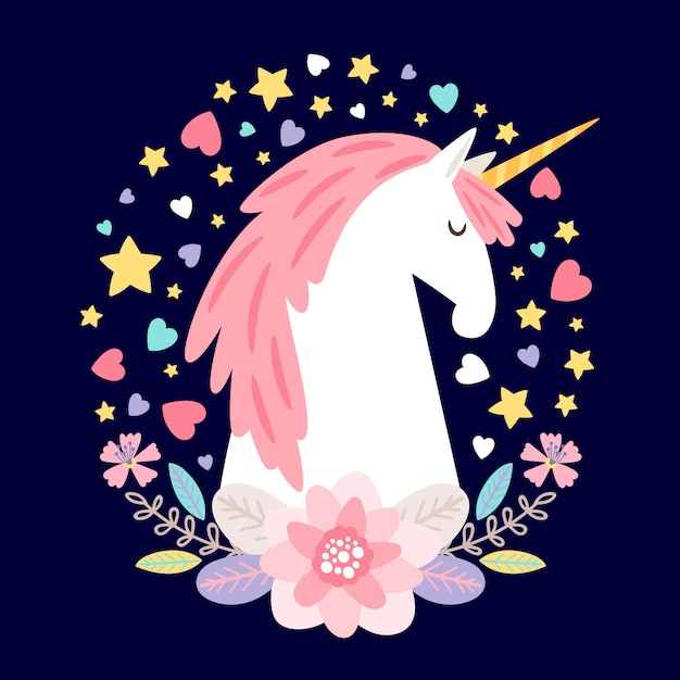 Premium Vector | Cartoon character unicorn with flowers, hearts and stars