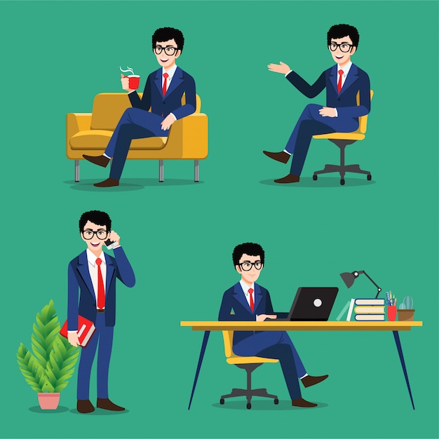  Cartoon character with business man poses set. business people working, sitting at dest and using l