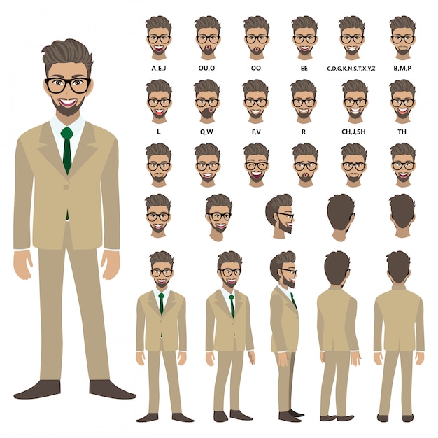 Cartoon character with business man in suit for animation. front, side, back, several view character