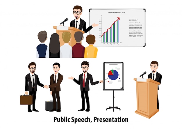  Cartoon character with businessman doing presentation or pitching a speech. conference illustration
