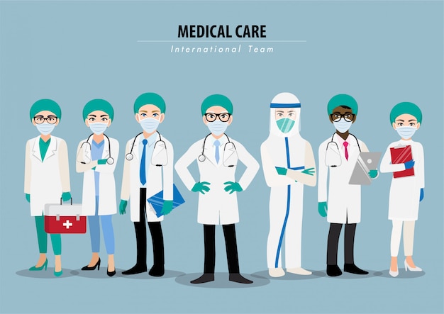 Cartoon character with professional doctors and nurses wearing protective suite and standing togethe