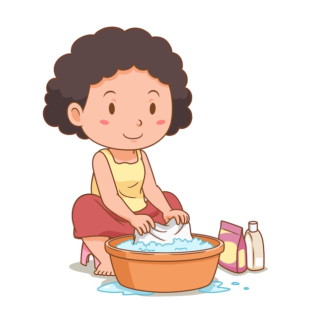 Premium Vector | Cartoon character of woman washing clothes with a plastic  basin.