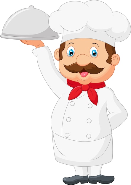 Premium Vector | Cartoon chef serving food in a sliver platter