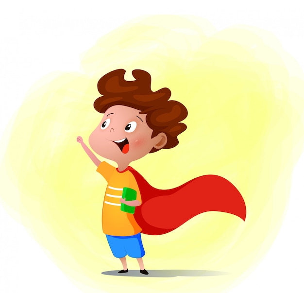 Cartoon child playing superhero with book in Premium Vector