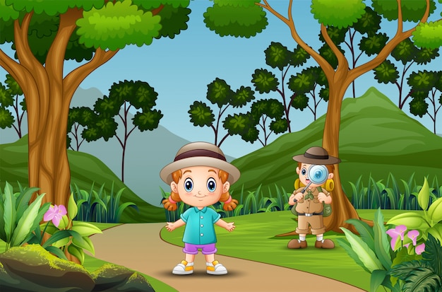 Premium Vector | Cartoon children exploring in the forest