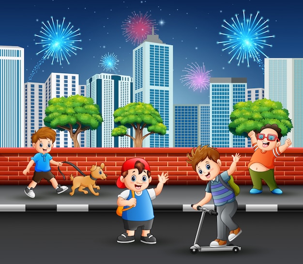 Premium Vector | Cartoon children playing on the street sidewalk