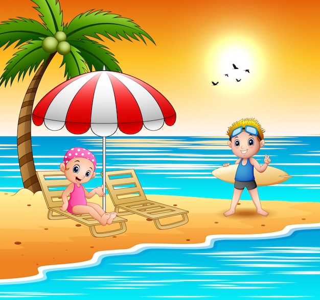  Cartoon  children  relax at the beach  Vector Premium Download