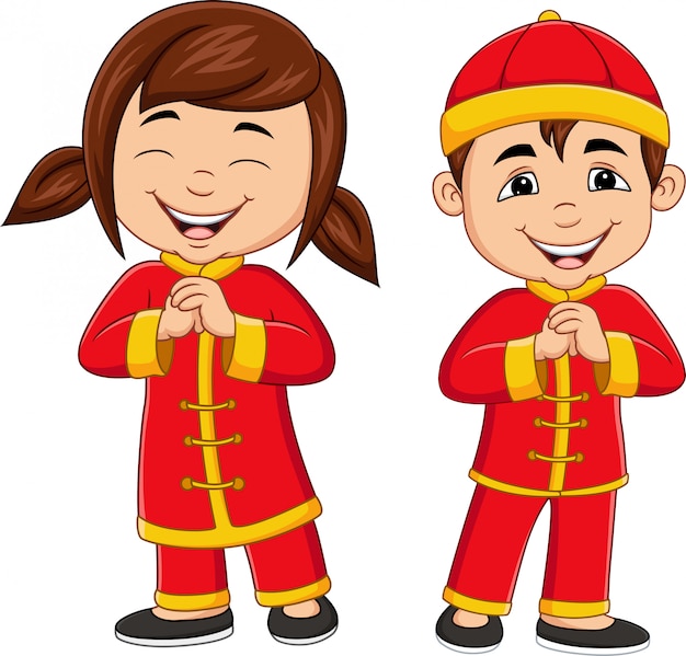 Cartoon chinese kids wearing traditional chinese costume Vector | Premium Download