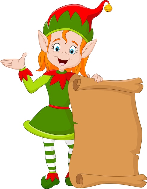 Premium Vector Cartoon Christmas Elf Girl Holding Old Paper Scroll