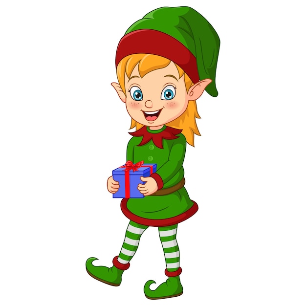 Premium Vector | Cartoon christmas elf holding a gift