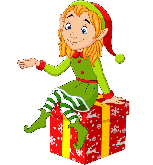 Download Cartoon christmas elf sitting on the gift Vector | Premium ...