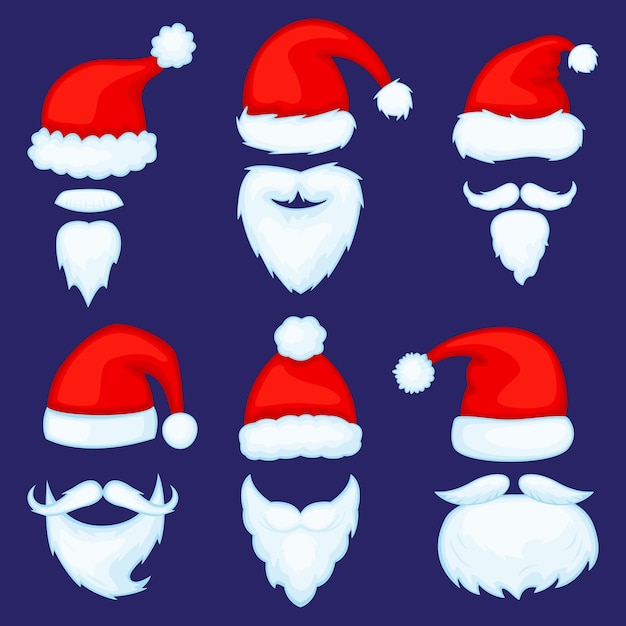 ひげや口ひげのベクトルセットと漫画のクリスマスサンタクロースの帽子 プレミアムベクター