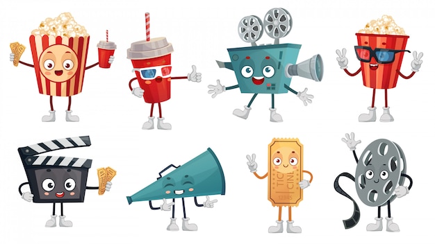 Cartoon cinema mascot. popcorn in  glasses, funny movie film camera and cinemas tickets characters  