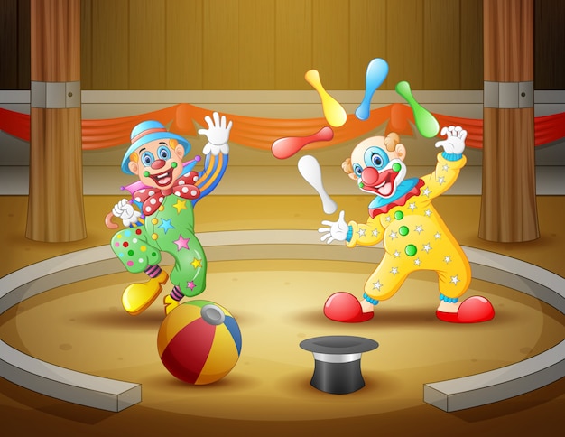 Premium Vector | Cartoon circus show with clowns at the arena