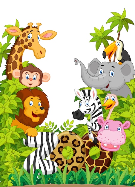 Cartoon collection happy animal in the jungle | Premium Vector