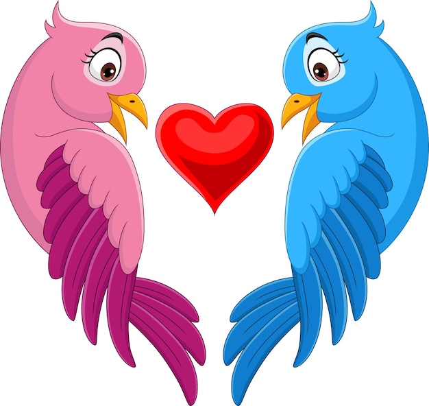 ハートの形をしたピンクとブルーの鳥の漫画のカップル プレミアムベクター