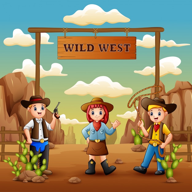 Premium Vector | Cartoon cowboys and cowgirl in wild west