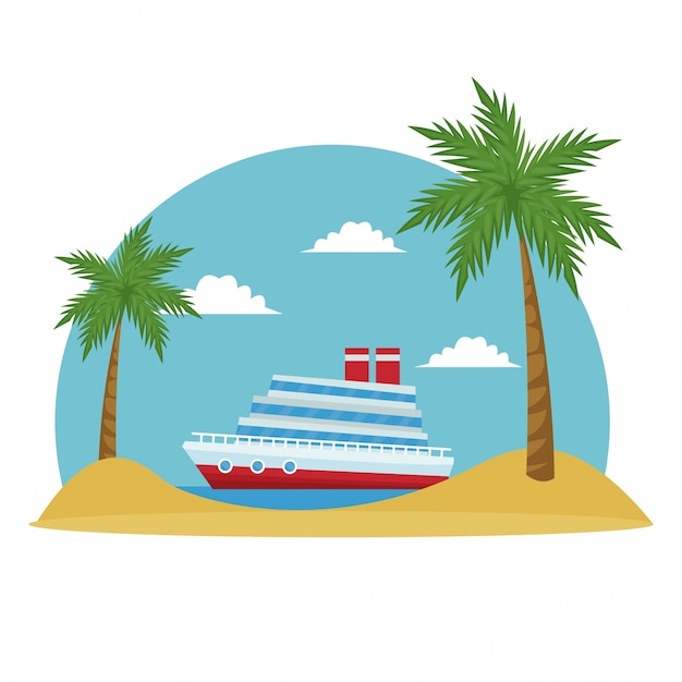 Premium Vector Cartoon Cruise Ship Tropical Beach Palm Tree