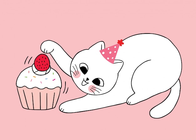 漫画かわいい愛らしい猫演奏イチゴカップケーキベクトル プレミアムベクター