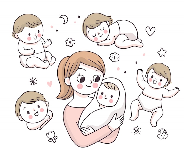 Download Cartoon cute adorable mother and baby doodle . | Premium Vector