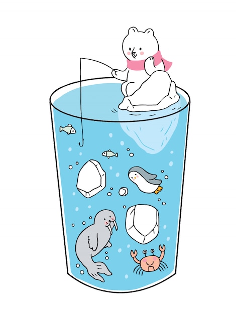Download Cartoon cute animals pole, polar bear fishing on ice | Premium Vector