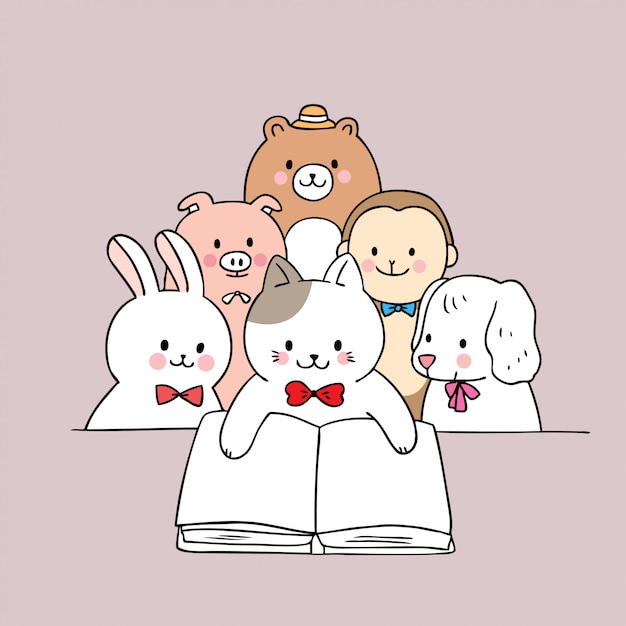 Premium Vector | Cartoon cute animals reading book vector.