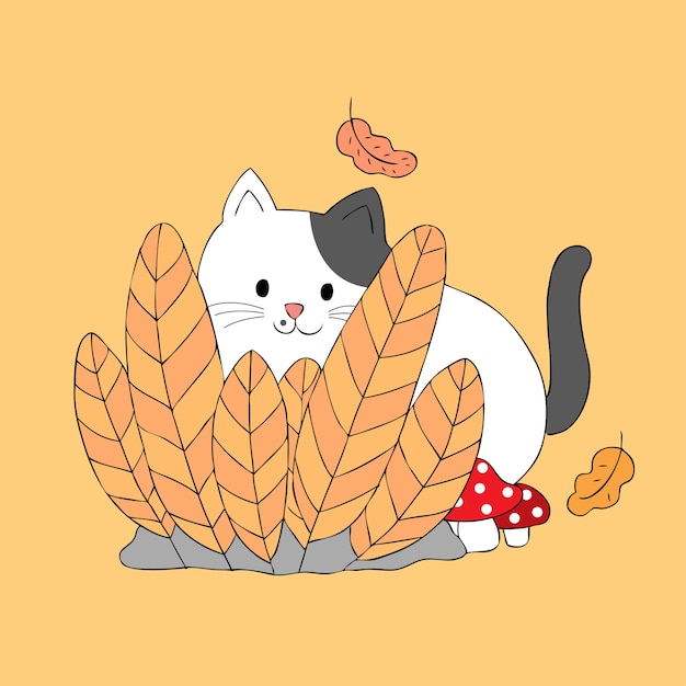 Premium Vector Cartoon cute autumn cat behind bush vector.