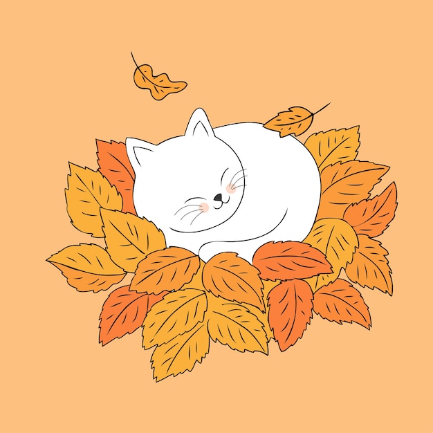 Premium Vector | Cartoon cute autumn cat sleeping on leaves vector.