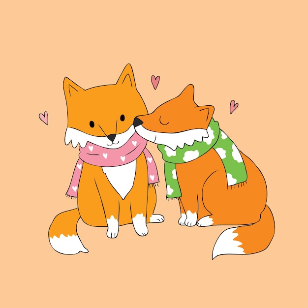 Premium Vector | Cartoon cute autumn fox lover kissing vector.