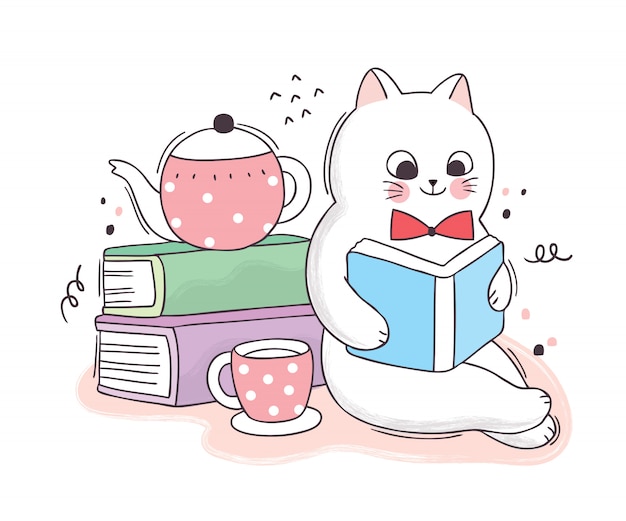 Premium Vector Cartoon Cute Book Day Cat Reading Books And Coffee Cup