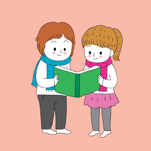 Premium Vector Cartoon Cute Boy And Girl Reading Book Vector