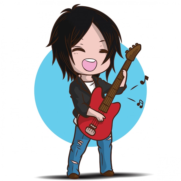 Download Cartoon cute boy is playing the guitar. Vector | Premium ...