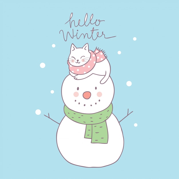 Premium Vector Cartoon Cute Cat Sleeping On Snowman Vector