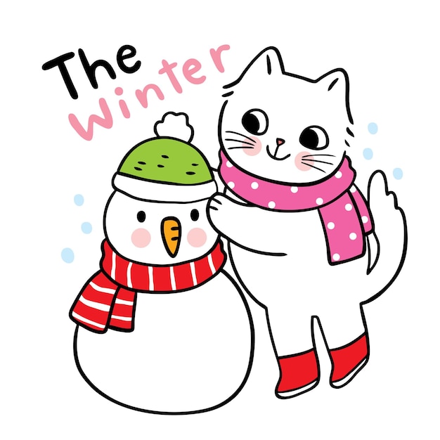 Premium Vector | Cartoon cute cat wearing hat to snowman vector