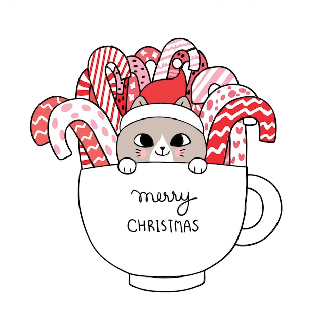 Cartoon cute christmas cat and candy in cup . Vector ...