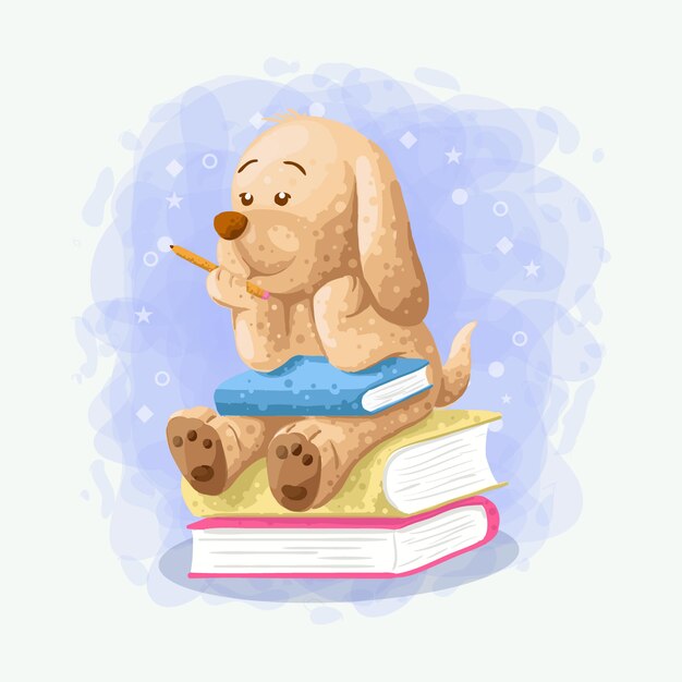 漫画かわいい犬は本イラストベクトルの上に座る プレミアムベクター