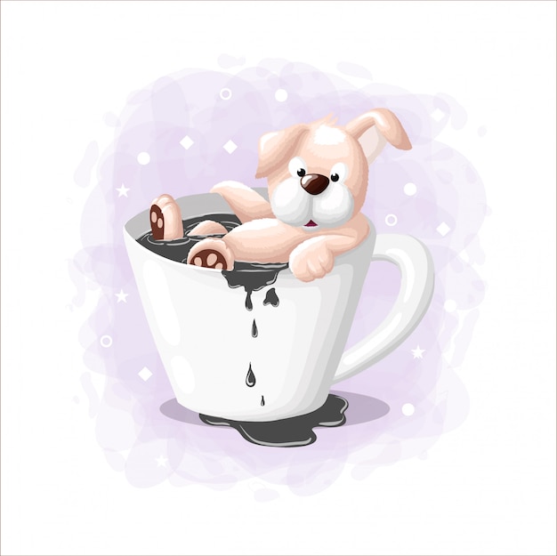 コーヒーイラストに浸る漫画かわいい犬 プレミアムベクター