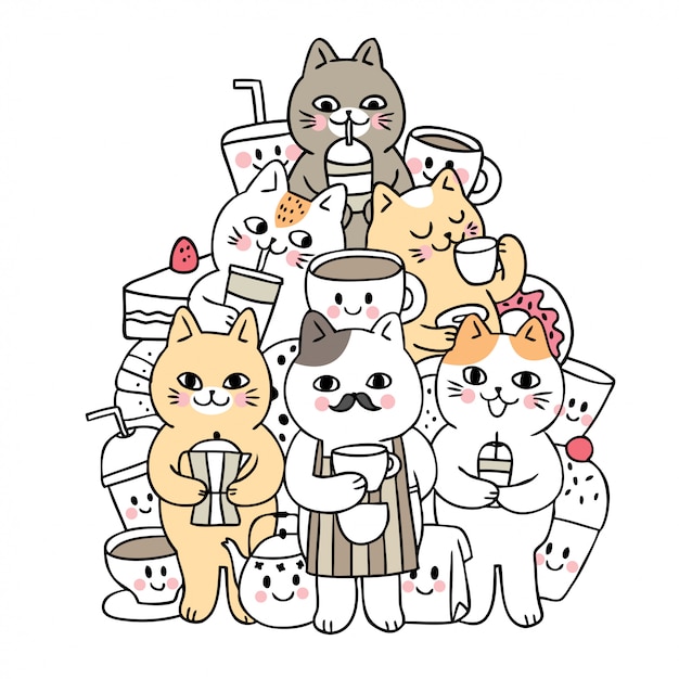 Download Premium Vector Cartoon Cute Doodle Cats And Drink Vector
