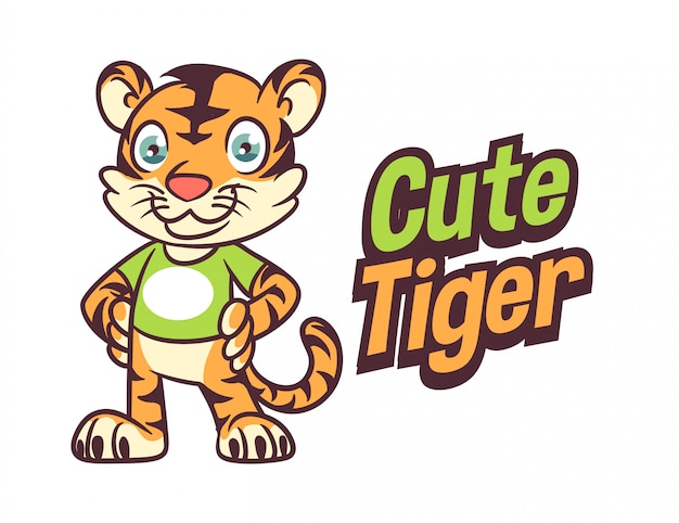 漫画かわいいフレンドリーな虎キャラクターマスコットロゴ プレミアムベクター