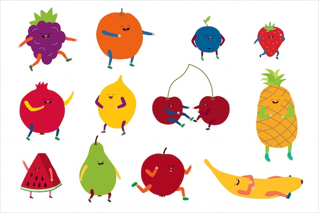 漫画かわいい果物イラスト 笑顔で幸せな面白いかわいい健康食品キャラクター 甘い果物は白のアイコンを設定 プレミアムベクター