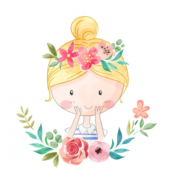 花の王冠イラストの漫画かわいい女の子 プレミアムベクター