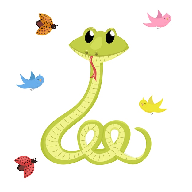 プレミアムベクター 漫画かわいいグリーンスマイルスネークベクトル動物イラスト