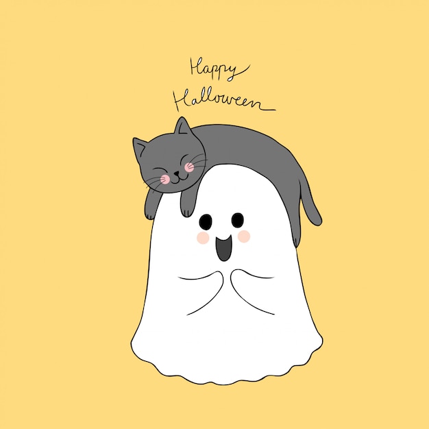 Cartoon cute halloween cat and ghost vector. Premium Vector