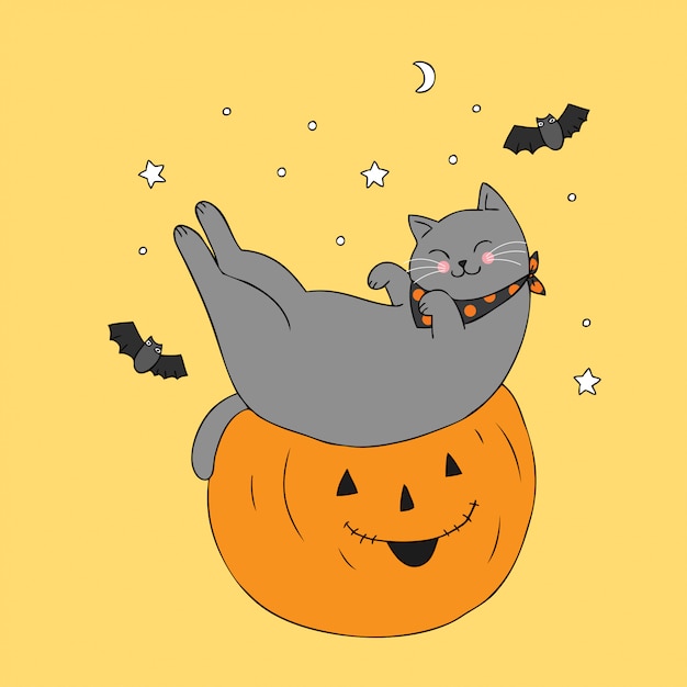 Cartoon cute halloween cat sleeping and pumpkin vector. Vector