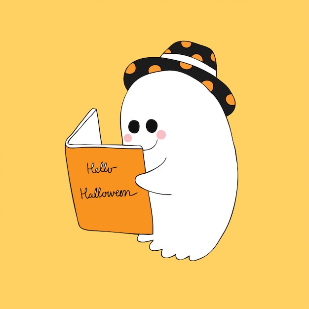 Premium Vector | Cartoon cute halloween ghost reading a book vector.