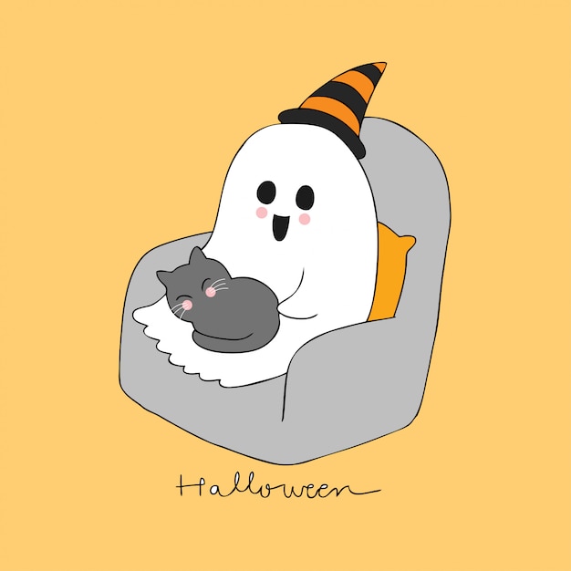 Cartoon cute halloween ghost and sleeping cat vector ...