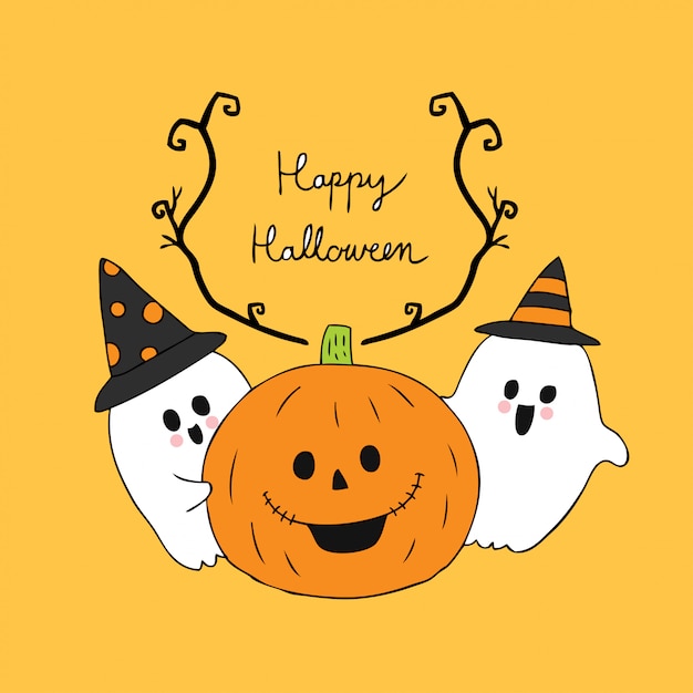Premium Vector | Cartoon cute halloween ghosts and pumpkin vector.